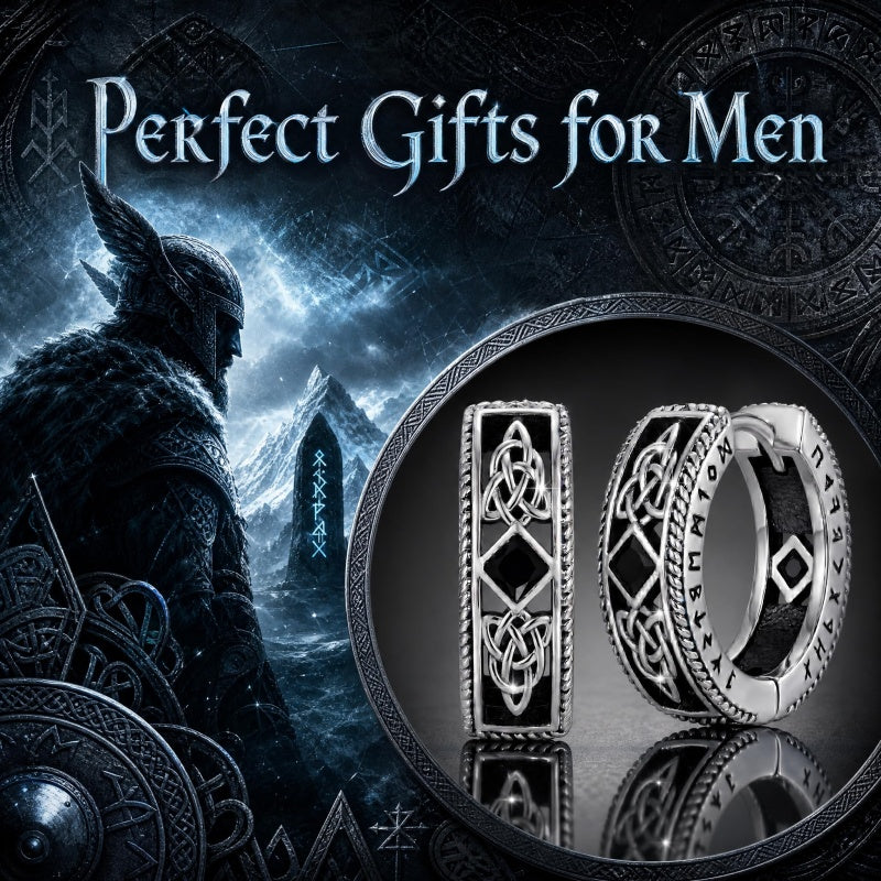14K Gold Plated  Cubic Zircon Norse Viking Runes Hoop Earrings Viking Jewelry Gift for Men