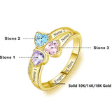 10K 14K 18K Solid Gold Personalized Ring with 3 Birthstones and Names Customized Gold Engraved Family Name Rings