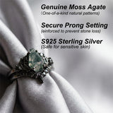 Sterling Silver 10K 14K  18K Gold Personalized Engraved Moss Agate Gothic Promise Wedding Engagement Black Ring Set