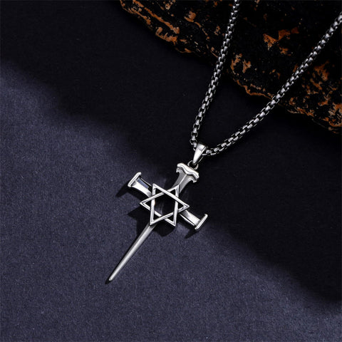 Sterling Silver Star Of David  Cross Pendant Necklace