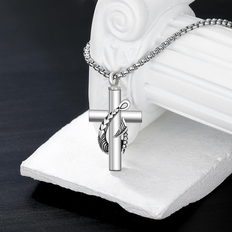 Sterling Silver Personalized Engraved Fish Hook Cross Urn