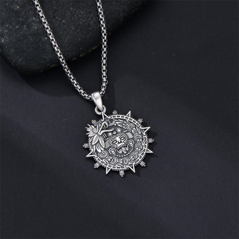 Sterling Silver Mictlantecuhtli Quetzalcoatl Tezcatlipoca Skull Pendant Necklace Aztec Jewelry