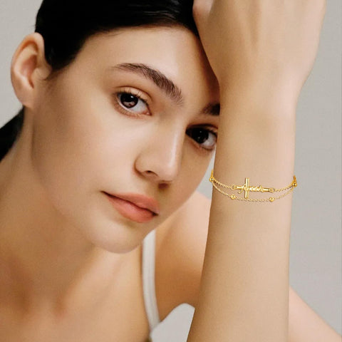 14K Gold Plated  Faith Cross Religious  Double Layered Anklet