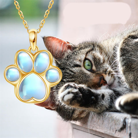 14K Gold Moonstone Dog Paw Pendant Necklace