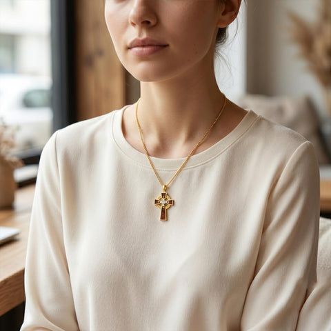 Wood 14K Gold Plated Cross Pendant Necklace