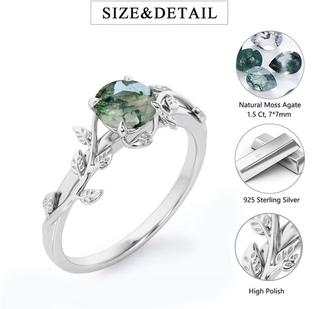 Natural Moss Agate Ring 925 Sterling Silver Green Moss Agate Ring Promise Ring Engagement Wedding Jewelry Gift for Women