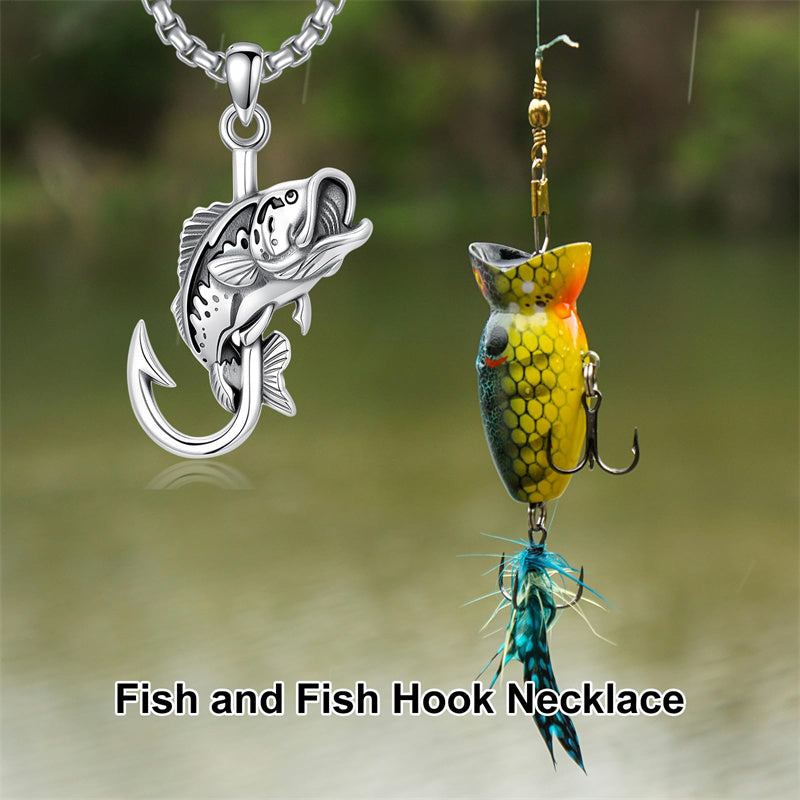 antler and fishing lure Sterling Silver Antler Fish Hook Pendant Necklace for Men– romanticwork
