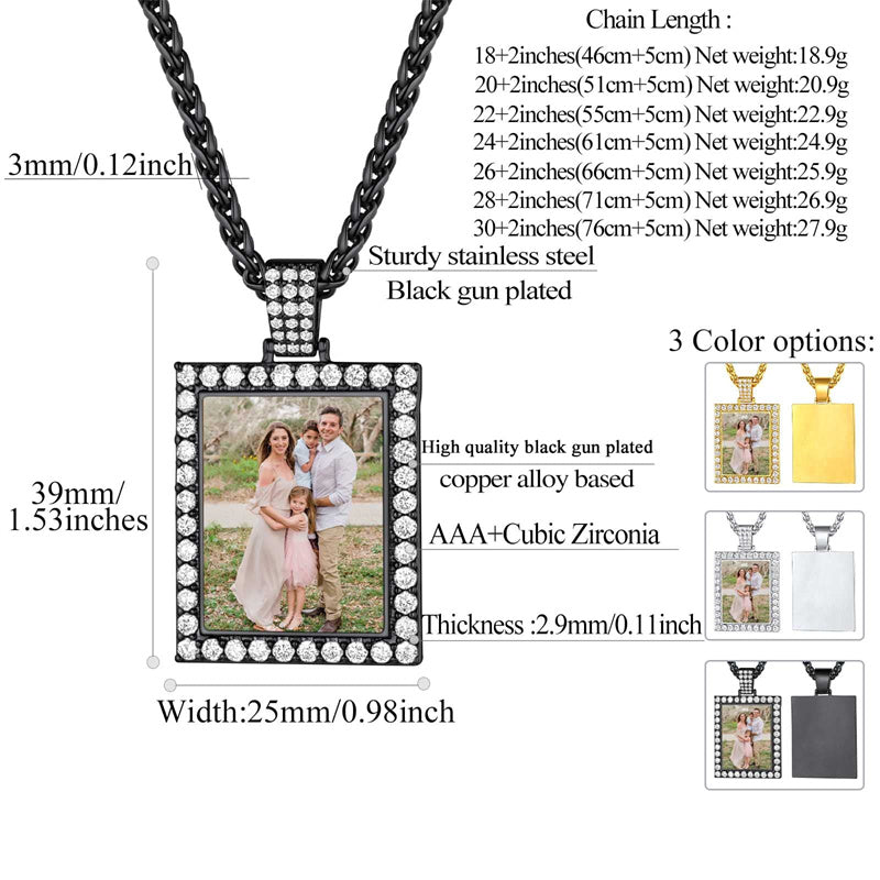 Copper Cubic Zirconia Square Personalized Photo Engraved Pendant Necklace