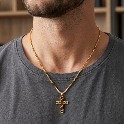 Wood 14K Gold Plated Cross Pendant Necklace