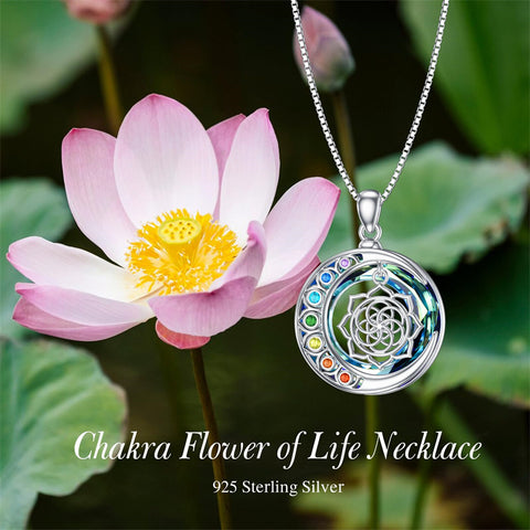 Sterling Silver Crystal Triple Moon Goddess Hamsa Hand Lotus Tree of Life Flower of Life Chakra Pendant Necklace