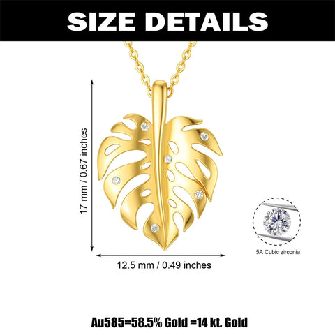 14k Heart Pendant Necklace for Women Real Gold Monstera Pendant Gift for Mother Day Valentine Christmas