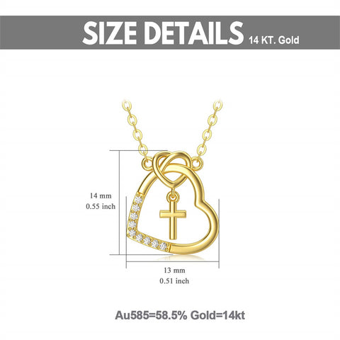 14K l Gold Heart Cubic Zirconia Cross Heart Pendant Necklace