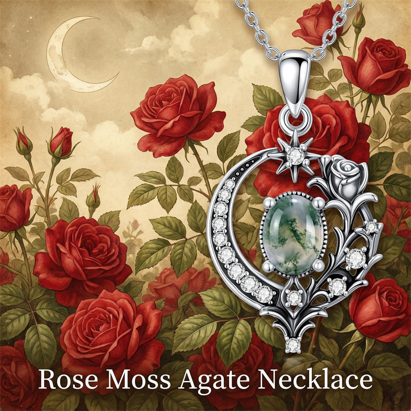 Sterling Silver Moss Agate Celtic Knot Rose Claddagh Filigree Pendant Necklace