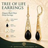 14K Gold Plated Black Onyx Tree of Life  Leverback Earrings Christmas Birthday Gift