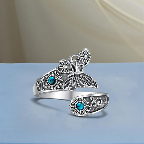 Sterling Silver Turquoise Butterfly Open Adjustable Spoon Ring