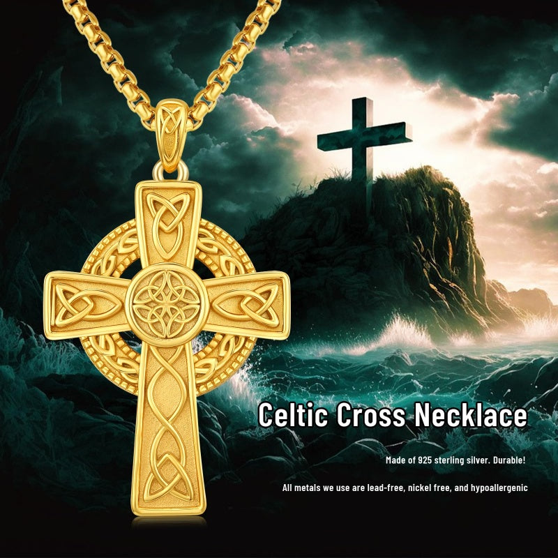14K Gold Plated Celtic Vikin Cross Pendant Necklace Irish Jewelry Religious Protective Gift
