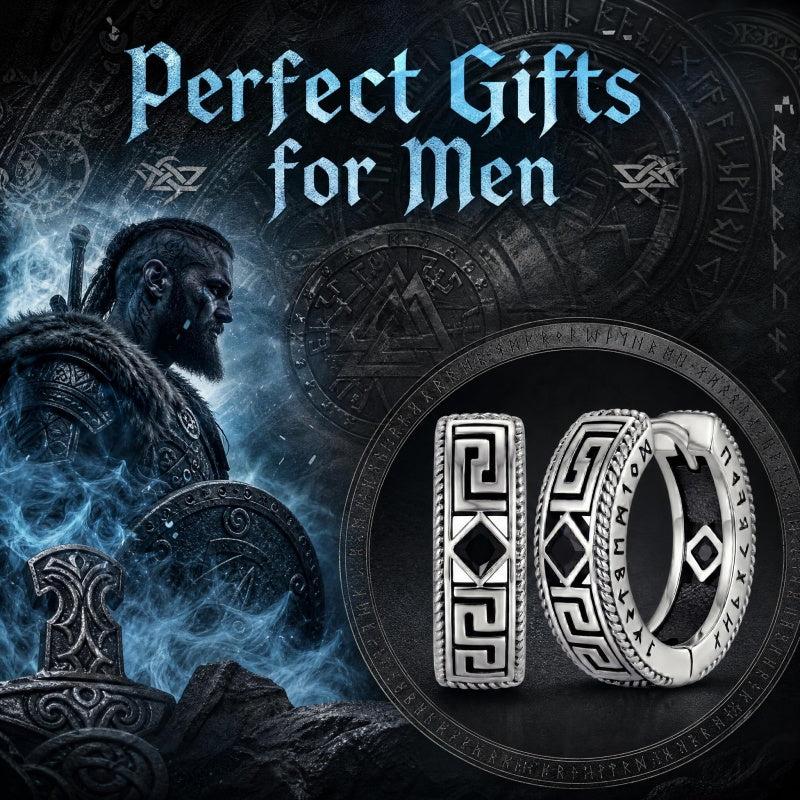 14K Gold Plated  Cubic Zircon Norse Viking Runes Hoop Earrings Viking Jewelry Gift for Men