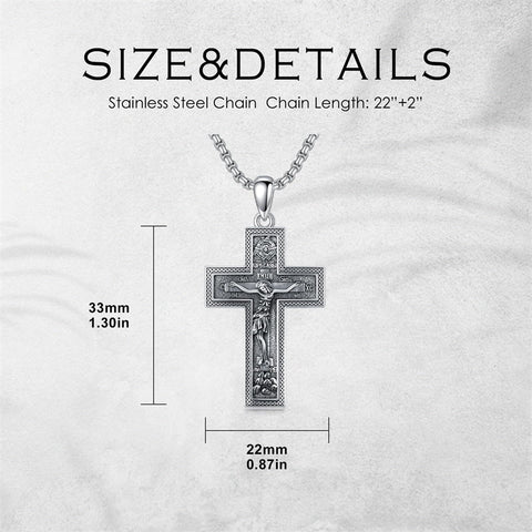 Sterling Silver Wooden Lion Orthodox Sword Wolf Cross Pendant Necklace