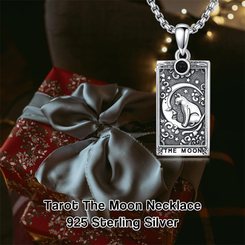 Sterling Silver Obsidian Lover Justice Cat Sun Moon Tarot Card Pendant Necklace