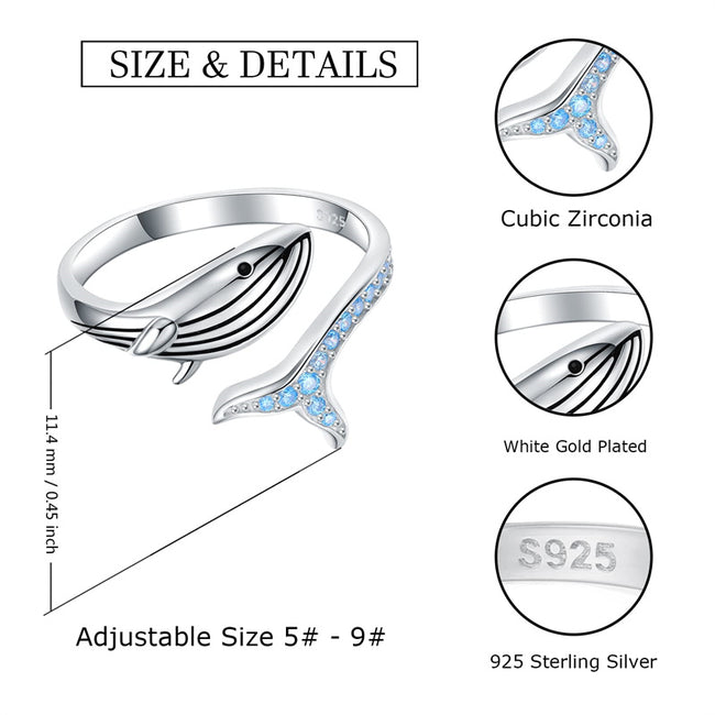 925 Sterling Silver Whale Adjustable Ring for Women Sea Animals Fish Open Ring Christmas Jewelry Gift for Women