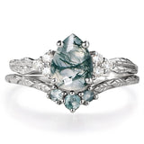 Sterling Silver 2CT Moss Agate  Engagement Wedding Ring Sets for Women