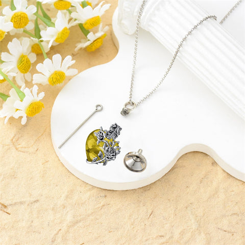 Sterling Silver Heart TearDangle Crystal Rose Cremation Urn Necklace for Ashes