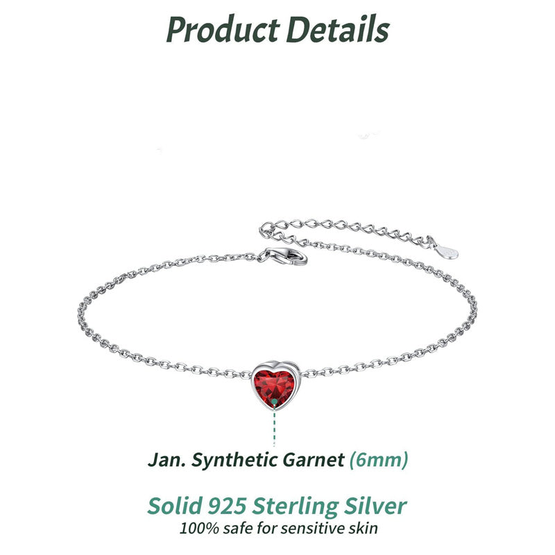 Sterling Silver Simple Dainty Round Heart Birthstone Single Layer Charm Anklet