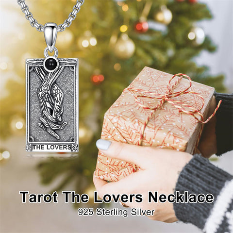 Sterling Silver Obsidian Lover Justice Cat Sun Moon Tarot Card Pendant Necklace