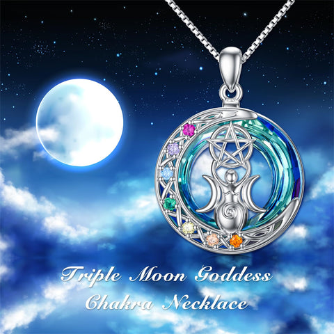 Sterling Silver Crystal Triple Moon Goddess Hamsa Hand Lotus Tree of Life Flower of Life Chakra Pendant Necklace