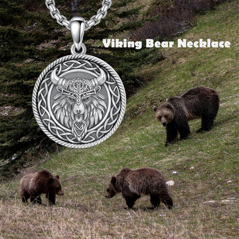 Sterling Silver Viking Raven Bear Odin Wolf Pendant Necklace for Men