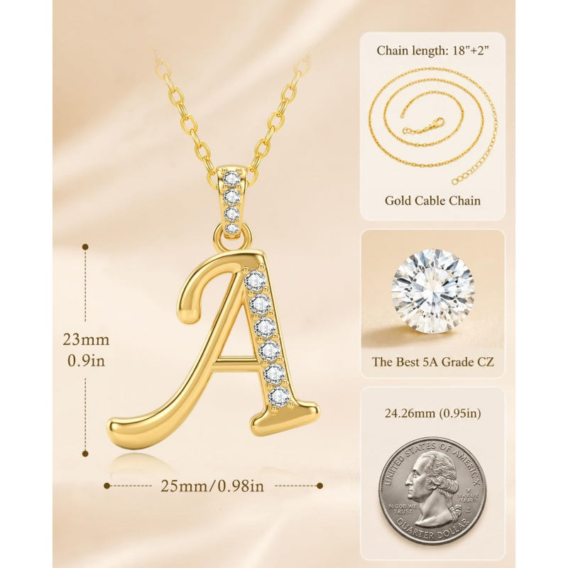 Cubic Zircon 14K Gold Plated Initial Letter A-Z Pendant Necklace