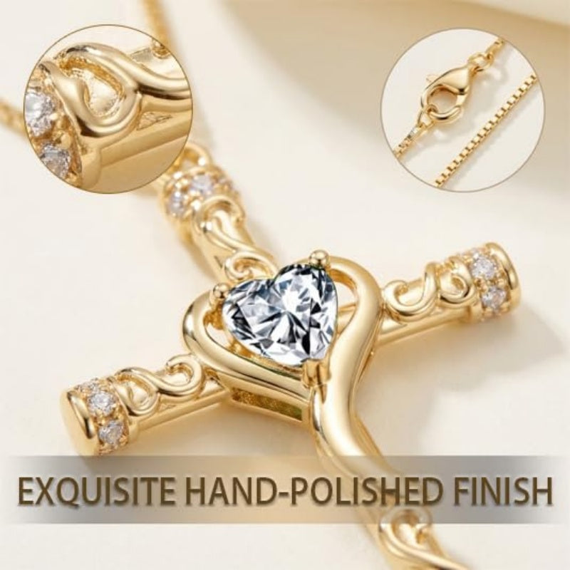 14K Gold Plated Heart Cut Cubic Zirconia Cross  Pendant Necklace For Women Religious Faith Jewelry