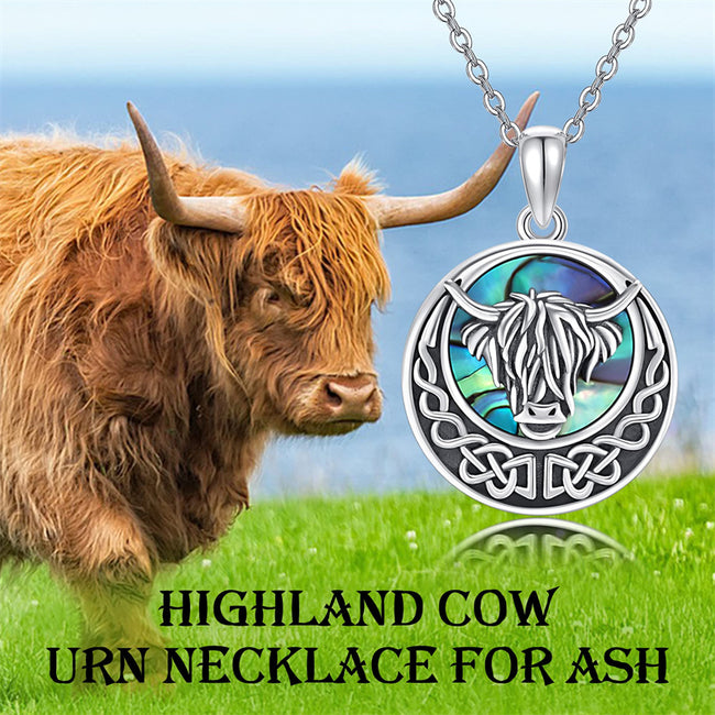 Highland Cow Urn Necklace for Ash 925 Sterling Silver Abalone Shell Cremation Jewelry for Ashes Memory Jewelry for Women Men