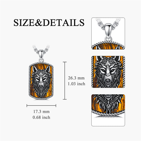 Sterling Silver Tiger Eye Wolf Pendant Necklace for Men