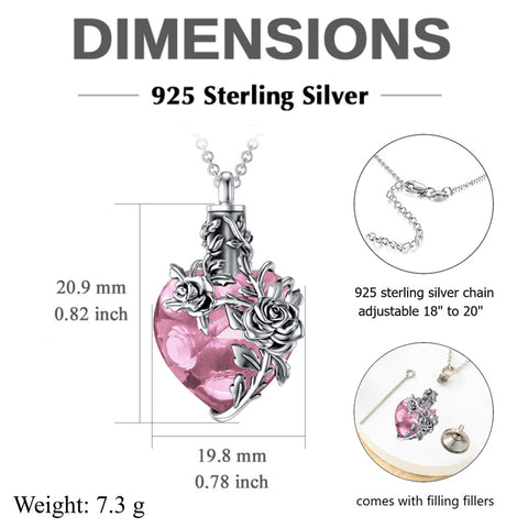 Sterling Silver Heart Crystal Rose Urn Necklaces for Ashes for Women