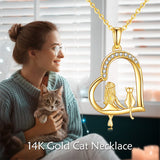 Gold Cat Necklace Yellow Gold Cat and Girl Pendant Necklace Fine Gold Heart Jewelry Gifts for Women Girls Her Mother Daughter Sister Friends Cat lover