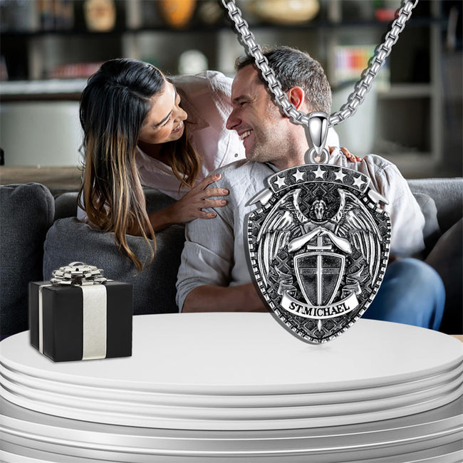 Saint Michcel Necklace 925 Sterling Silver Amulet Medal Jewelry for Men Women with 2.5mm 22"+2" Rolo Chain (with Gift Box)