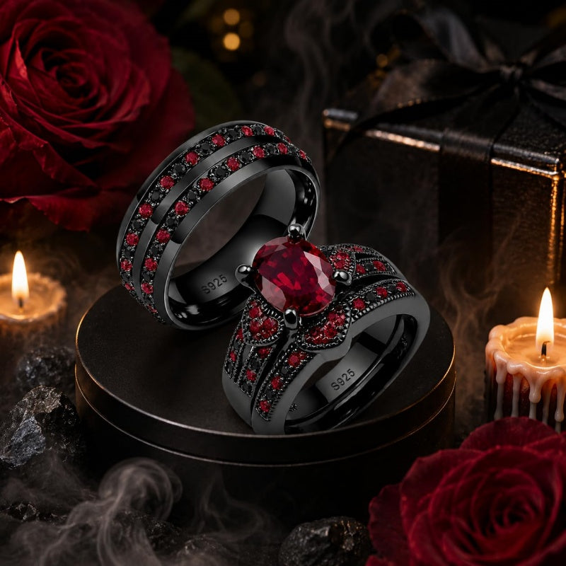Sterling Silver 10K 14K 18K Gold Personalized Engraved  Halloween Dark Red Gemstone Couple Ring Set
