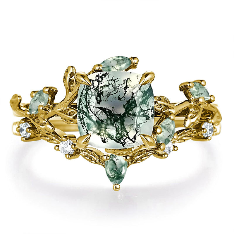 Sterling Silver 10K 14K 18K Gold 2CT Moss Agate Vine Leaf Women's Bridal Ring Sets for Wedding Engagement
