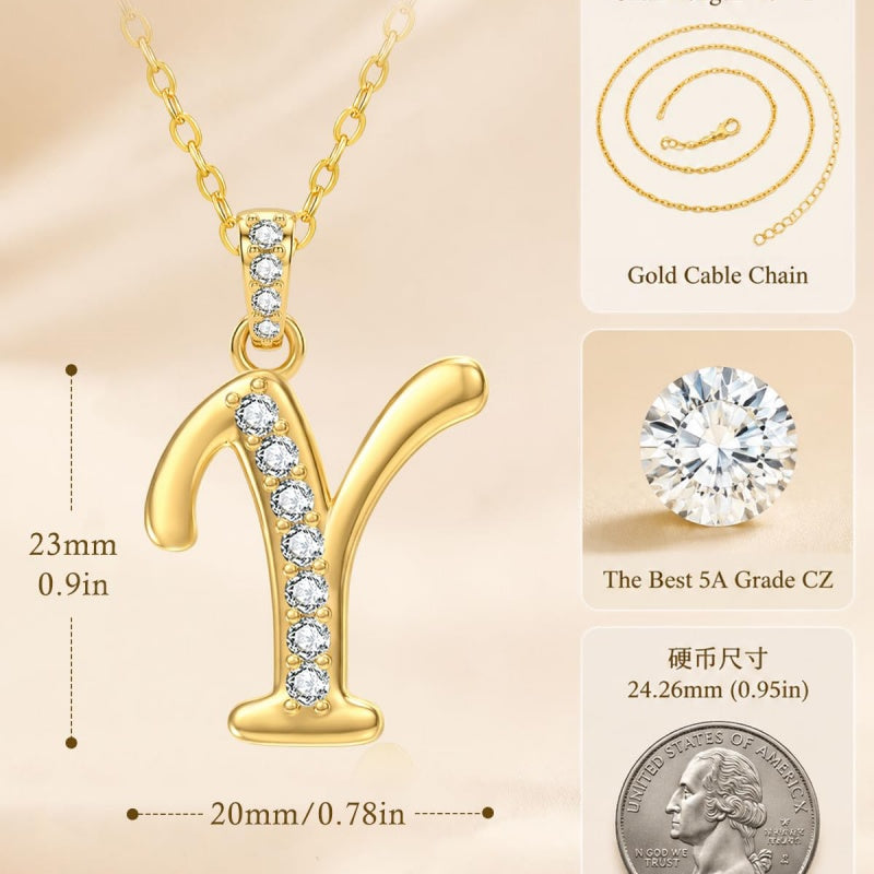 Cubic Zircon 14K Gold Plated Initial Letter A-Z Pendant Necklace