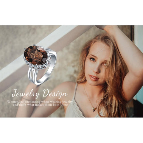 14K Gold Plated  Oval Shape 3.7CT Genuine Smoky Quartz Cocktail Rings for Her