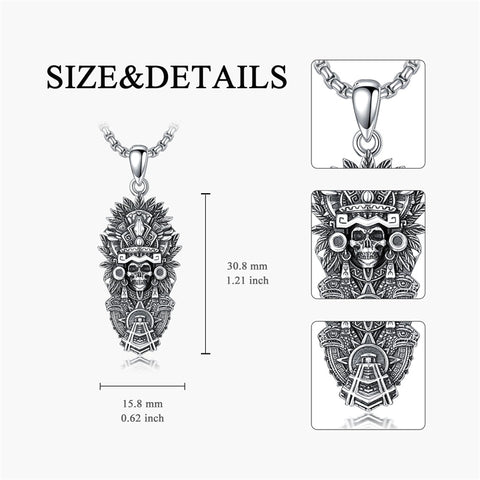Sterling Silver Mictlantecuhtli Quetzalcoatl Tezcatlipoca Skull Pendant Necklace Aztec Jewelry
