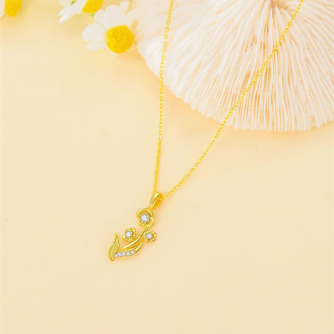 14K Gold Diamond Lily of the Valley May Birth Flower Pendant Necklace