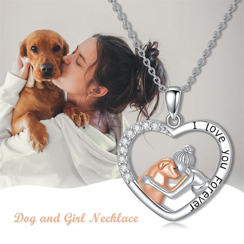 Sterling Silver  Dog and Women Pendant Necklace Engraved with I Love You Forever