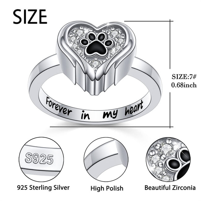S925 Sterling Silver Paw Urn Ring for Ashes  Heart Keepsake Memorial Jewelry Gifts