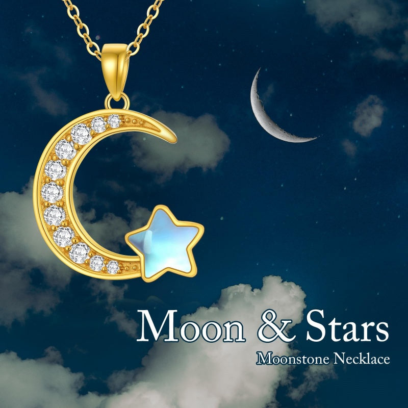 10K 14K 18K Yellow Gold Moonstone Moissanite Moon and Star Necklace Birthday Anniversary Jewelry Gift for Her