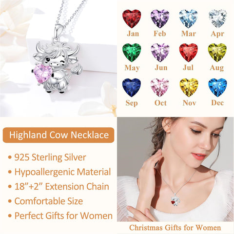 Sterling Silver Heart  Birthstone Highland Cow Pendant Necklace