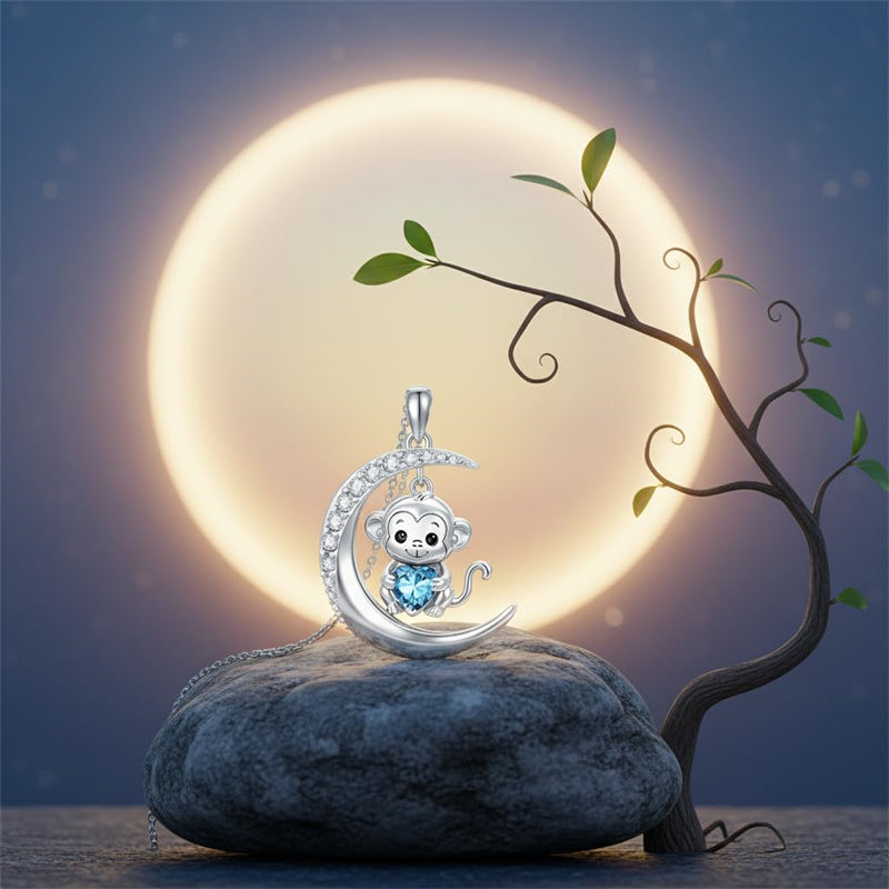Sterling Silver Birthstone Monkey Pendant Necklace Jewelry Gifts for Women