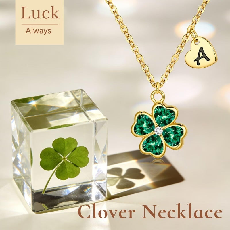 14K Gold Plated Initial Four Leaf Clover Pendant Necklace