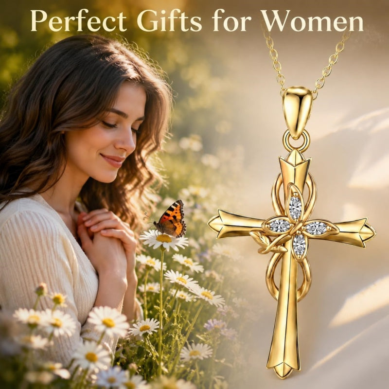 14K Gold Plated Cross Pendant Necklace Faith Jewelry Gift for Women